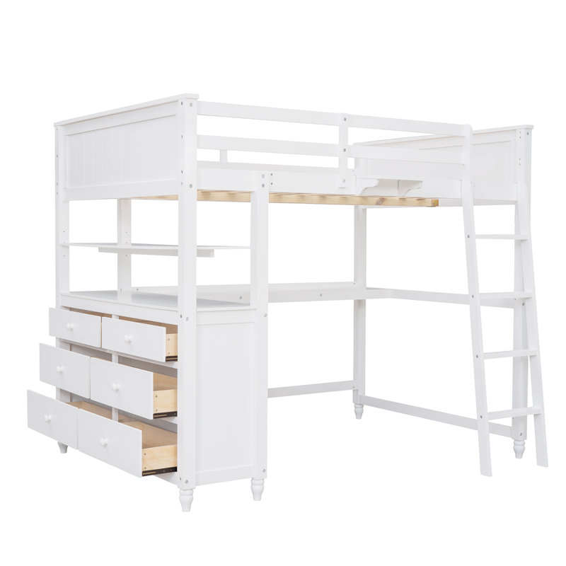 Lit mezzanine avec bureau intégré, tiroirs de rangement et tablettes, cadre en bois multifonctionnel pour la chambre à coucher