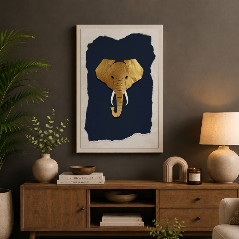 Golden Elephant Head Maximalist - Wrapped Canvas, 36x24 - 91.4 x 61.0 cm, Teal Border