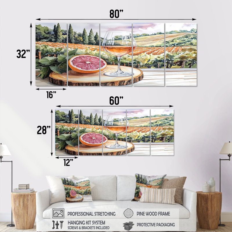 Pamplemousse avec verre de vin dans un vignoble III - art mural de vignoble - ensemble d'art mural traditionnel 5 pièces