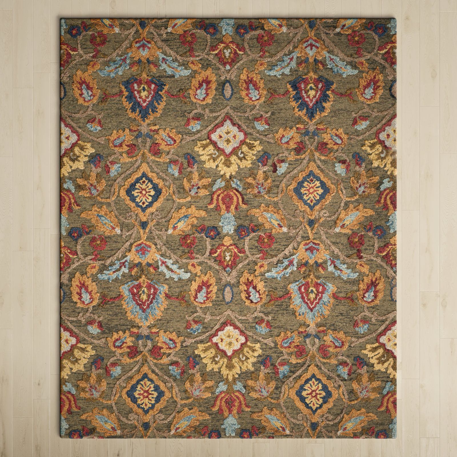 Tansy Handmade Wool Green / Multi Rug, Rectangle 12' x 18'
