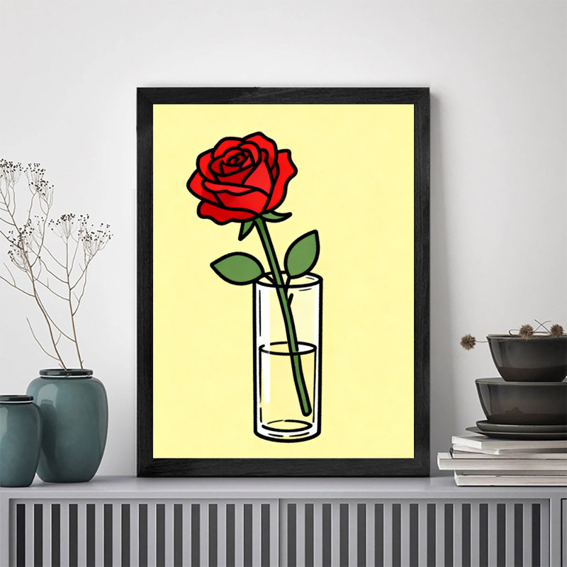 Reproduction d'art encadrée noire rétro rose rouge, H 11 po x l 9 po