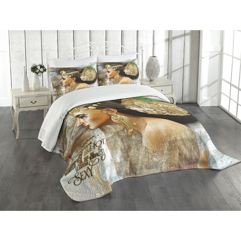 Ambesonne Egyptian Bedspread Set Cleopatra Multicolor, King Coverlet/Bedspread + 2 Standard Shams