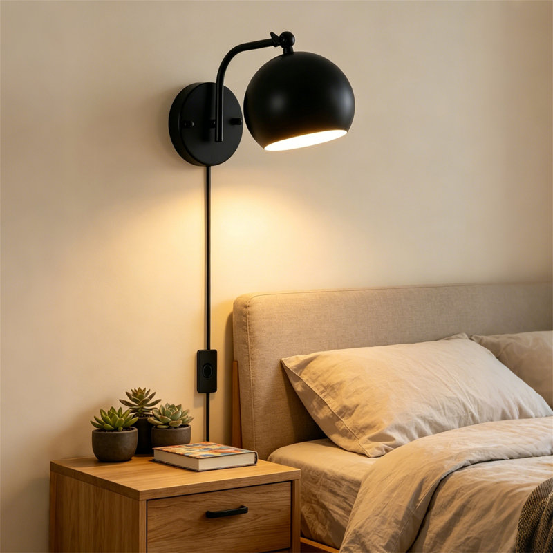 Black Globe Metal Shade Plug-In Wall Sconces with Plug in Cord & On/Off Switch 180° Adjustable Head, E26 Base Industrial Wall Light for Bedroom Living Room(2 Bulbs Included)