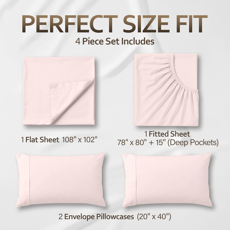 Ensemble de draps 4 pièces Beddora King, Pink, King Sheet Set with 4 Pillowcases