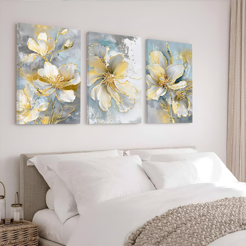 Tableau abstrait floral sur toile tendue (ensemble de 3), H 18 po x l 36 po