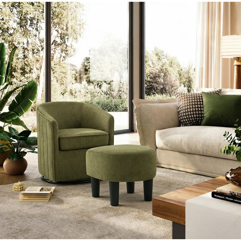 24.4" Wide Contemporary Upholstered Soft Swivel Accent Chair With Ottoman, Dark Green