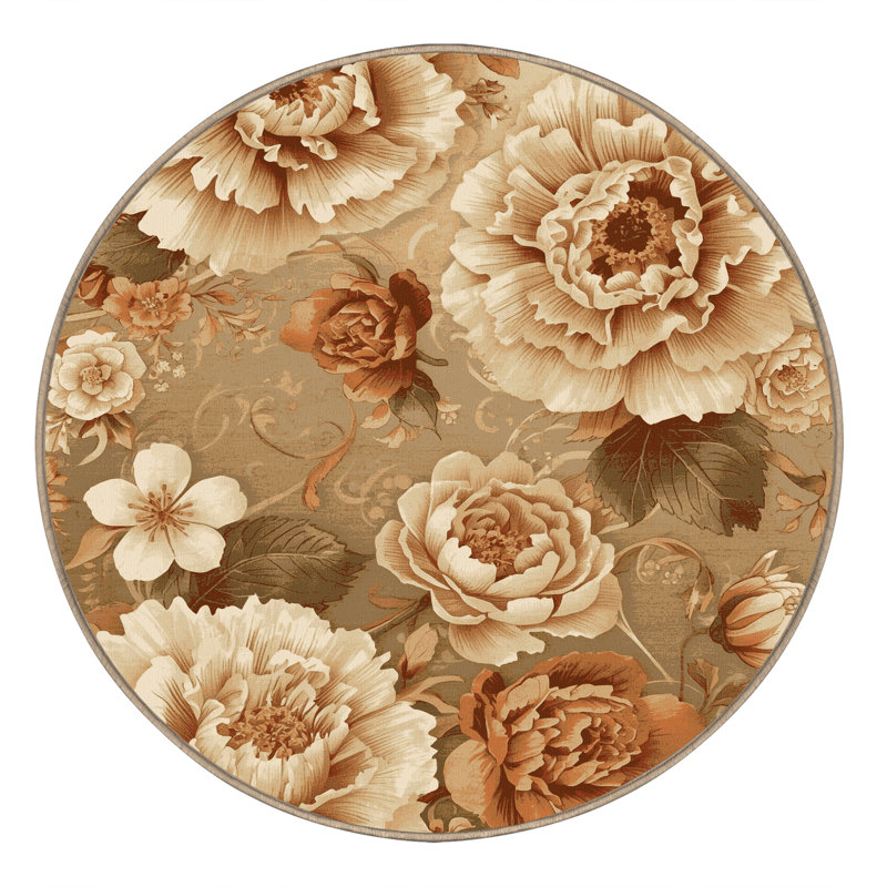 Tapis floral à œillets brun lavable à la machine Paesyn, Rond 4 pi