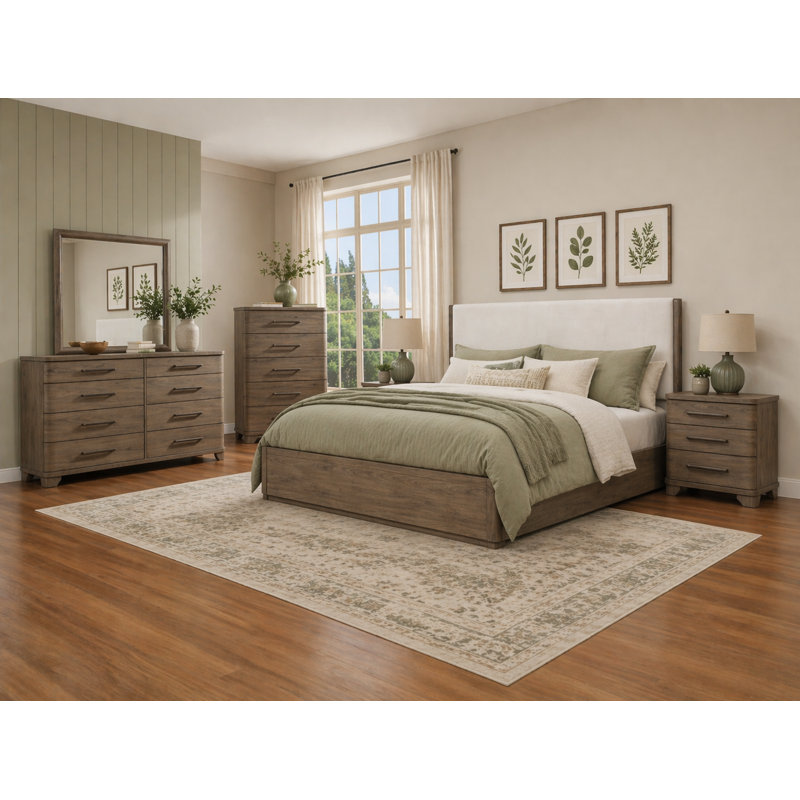 Ensemble de chambre à coucher moderne à panneau tapissier brun clair, Grand lit, 6 pièces