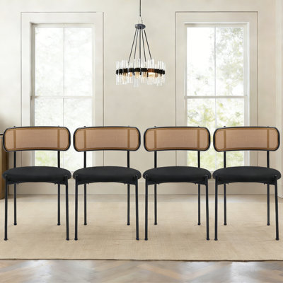 Rattan Dining Chairs, Farmhouse Metal Dining Room Chairs With Upholstered Cushion, Mid-Century Modern Cane Chairs Set With Curved Backrest For Kitchen Restaurant, Black