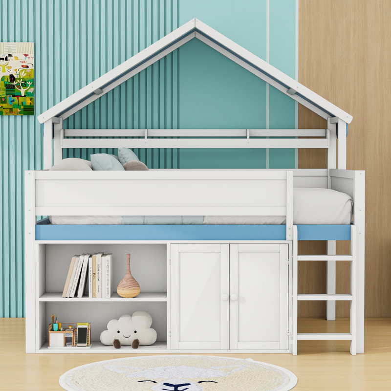 Loft Bed With Canopy Roof, Built-In Storage Cabinet And Shelves, White/Blue