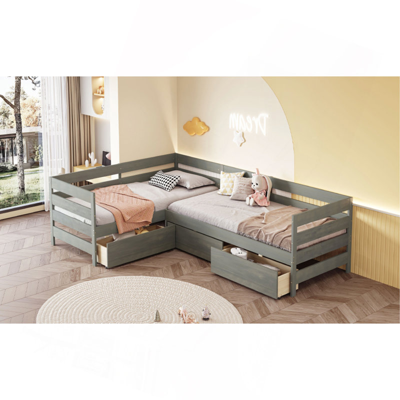 Lit plateforme simple en L confortable avec capacité de rangement supplémentaire, Gris