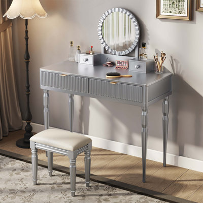 Bureau de coiffeuse de luxe avec miroir rond, hauteur réglable, ensemble de coiffeuse, 4 tiroirs et tabouret, argent