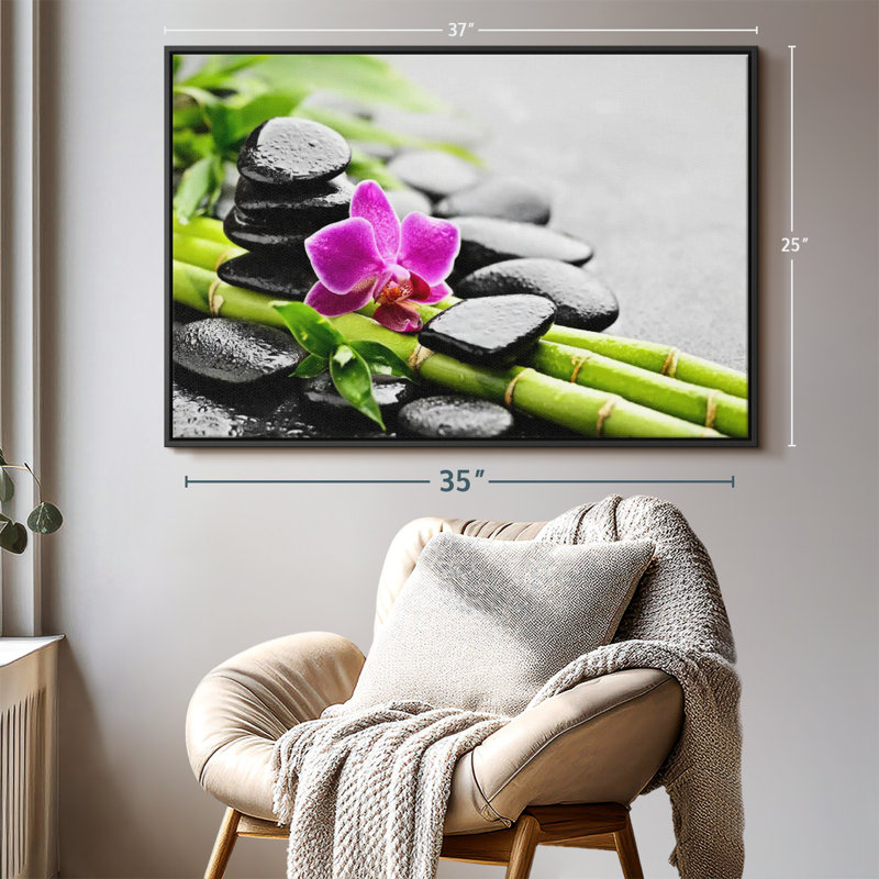 "Pierres de basalte et impression sur toile orchidée", H 25 po x l 37 po
