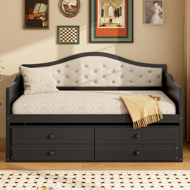 Upholstered Daybed With Trundle And Tufted Backrest, Black