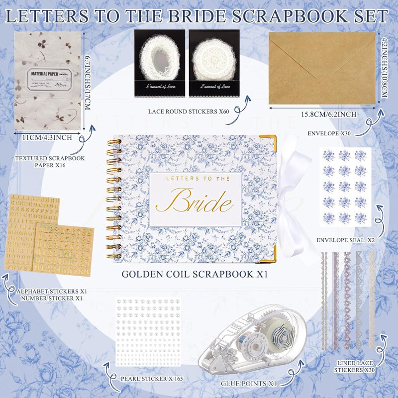 Blue Floral Letters to Bride Scrapbook, livre d'or de mariage vierge de 8,5 po x 7 po avec enveloppes pour les parties de Bachelorette