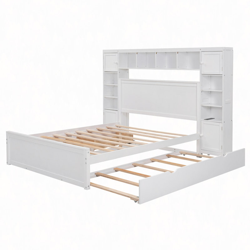 Lit en bois avec armoire tout-en-un, tablette et prises, avec couchette