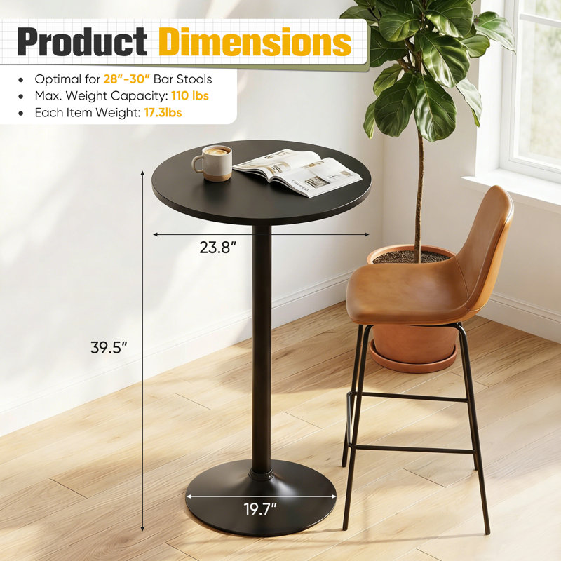39.5" Pedestal Height Dining Tables, Round Bistro Bar Tables, Black, Black
