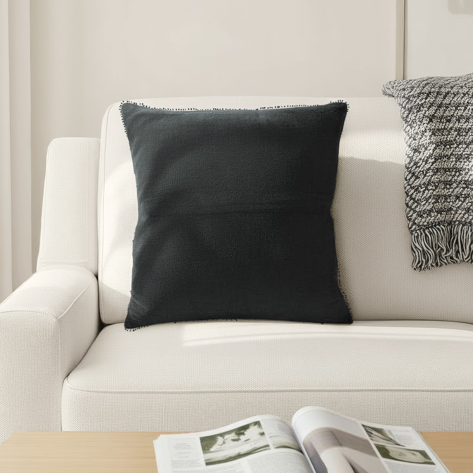 Garter Pom-poms Linen Throw Pillow, Black
