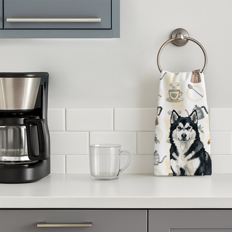 Black and White Alaskan Malamute Coffee Bar Kitchen Towel, Black and White Alaskan Malamute