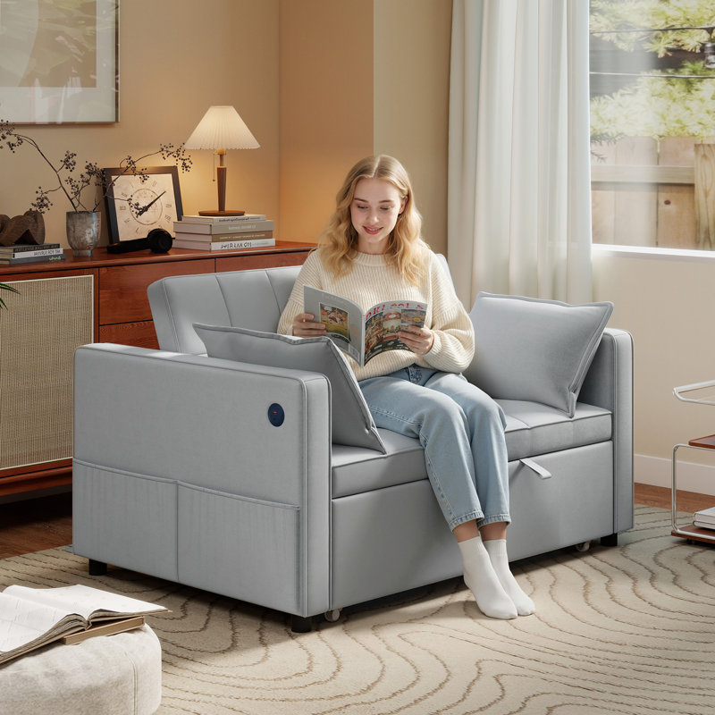 Canapé-lit, canapé-lit escamotable avec chargement USB, dossier réglable, Gris clair