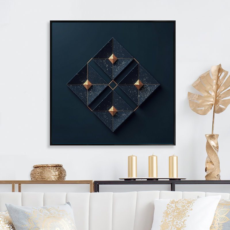 «Rhombus in Deep Blue and Gold Abstract», reproduction sur toile, H 16 po x l 16 po x P 1 po, Cadre flottant noir