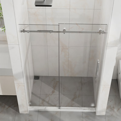 Frameless Shower Door, Sleek Silent Sliding Glass Door, 1/4" (6Mm) Thick Tempered Clear Glass With Easy-Clean Coating, Heavy-Duty 304 Stainless Steel