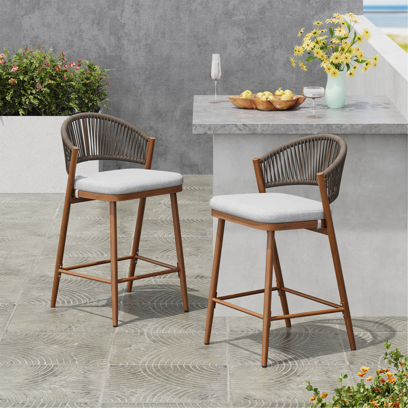 Tabouret de patio Eisen, Coussin gris clair / structure en aluminium teck, Tabouret de comptoir (siège d'une hauteur de 26 p