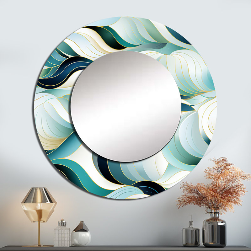 Reyo Coastal Emerald And White Geometric Charm - Geometric  Large Mirror, Modern Round Unique Wall Mirror Decor, Printed Metal Art