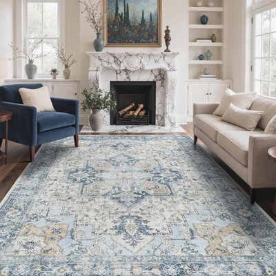 Roehit Oriental Performance Machine Washable Blue / Beige / Cream / Ivory Area Rug