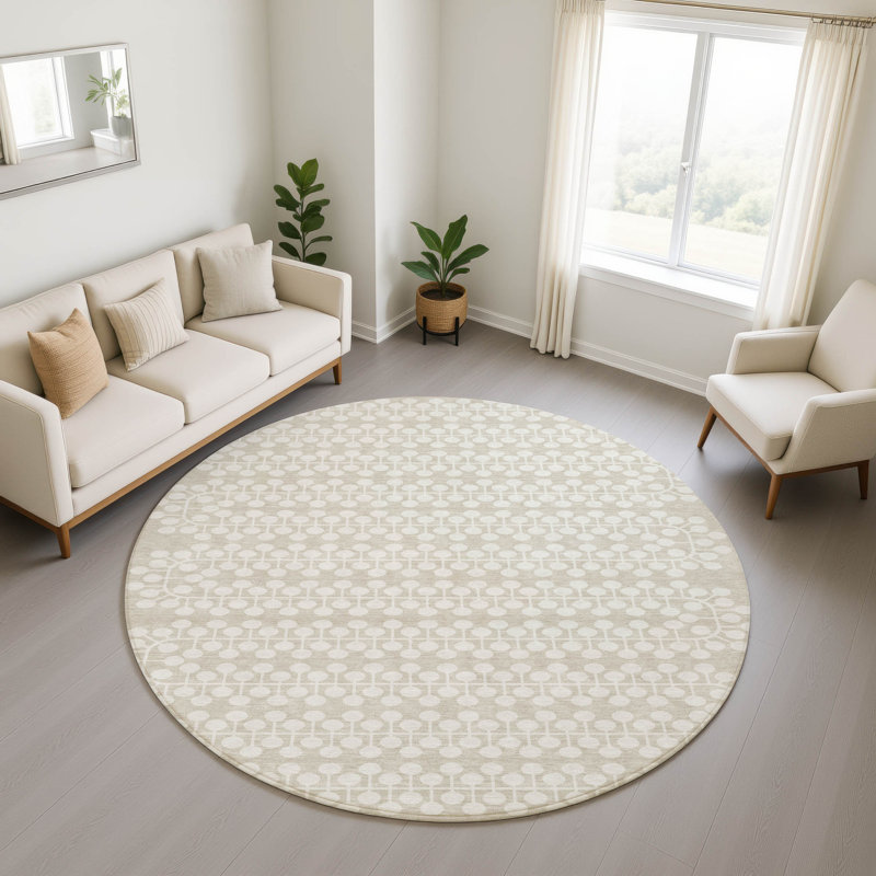 Premium Machine Washable Mayfield AMF2247 Geometric Rug, Beige, 8' Round