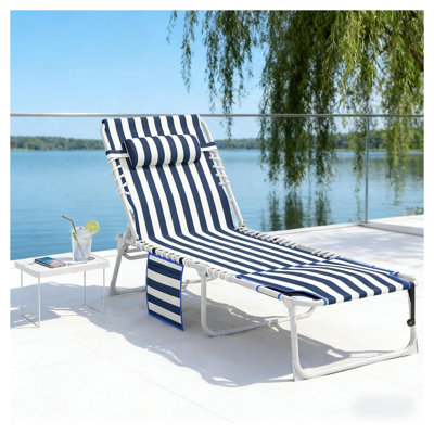 Méridienne pliante bleue et blanche, chaise de bronzage d'extérieur avec table d'appoint