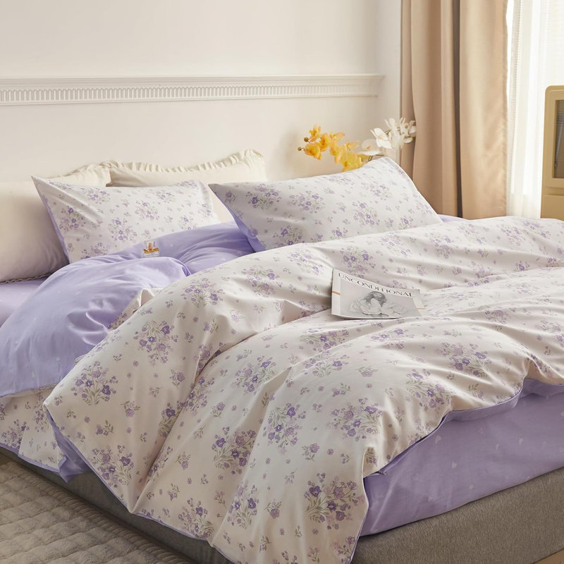 Microfiber Comforter Set, Orange Floral, Queen Comforter + 2 Standard Shams