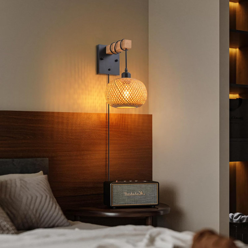 Hand-Woven Bamboo Plug-In Wall Sconce With Dimmable Switch, E26 Base, For Bedroom, Living Room, And Farmhouse Decor