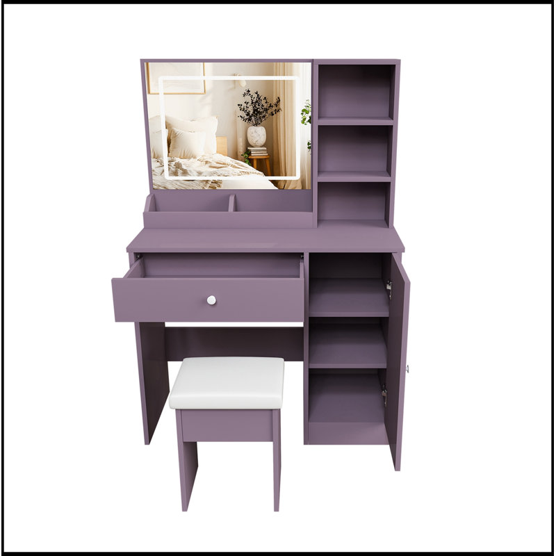 Ensemble de coiffeuse avec tabouret rembourré et miroir réglable à DEL