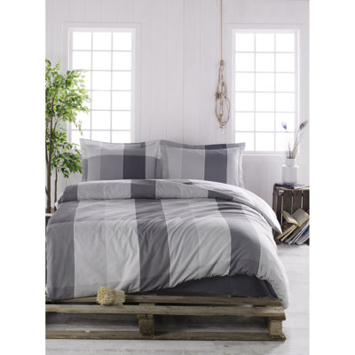 Ensemble de housse de couette simple Premium Ranforce, 53,1 po x 78,7 po (couette) et 31,5 po x 31,5 po (taie d'oreiller) | 100% coton, imprimé pigmentaire, 145 fils | Lavable à la machine, gris élégant et gris anthracite