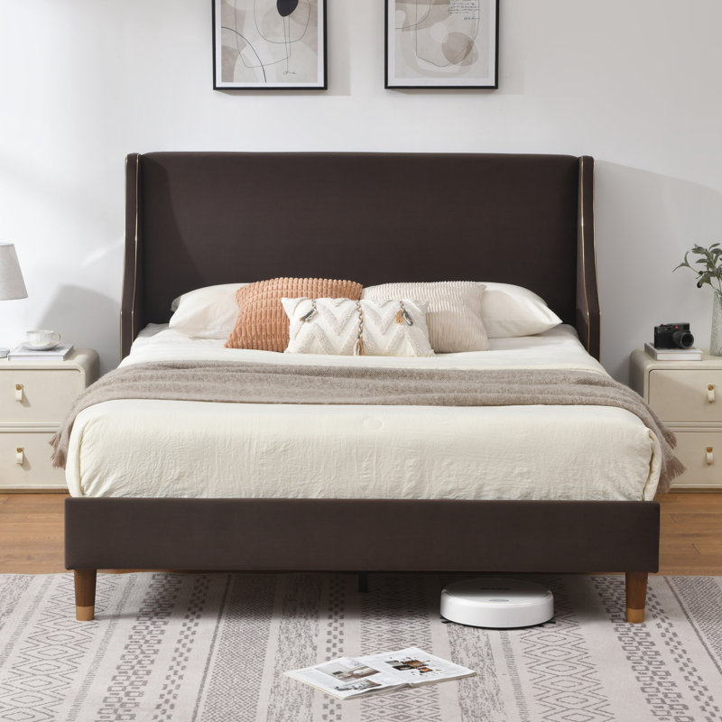 Melaya Wingback Upholstered Platform Bed Frame, Full, Cream
