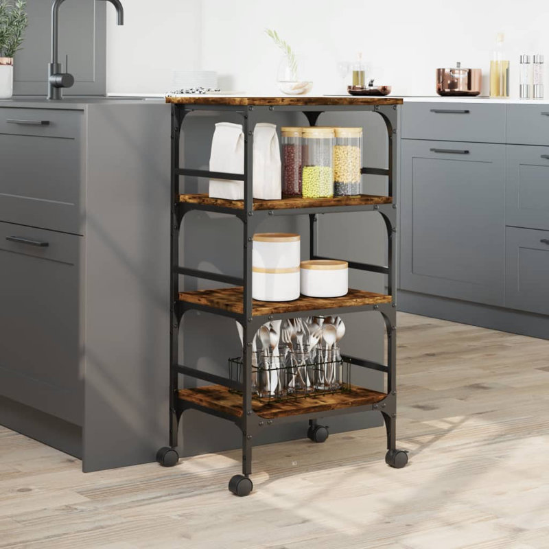 Susanville Metal Bar Cart, Smoked Oak