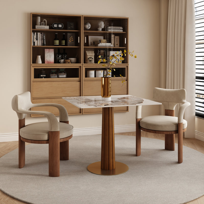 33" Contemporary Luxury Square Dining Table Collection with Embossed Striped Walnut Pedestal and Gold Base - Available in Midnight Onyx Glass, Arctic Texture, Sahara Mist and Black Grid Marble Finishes