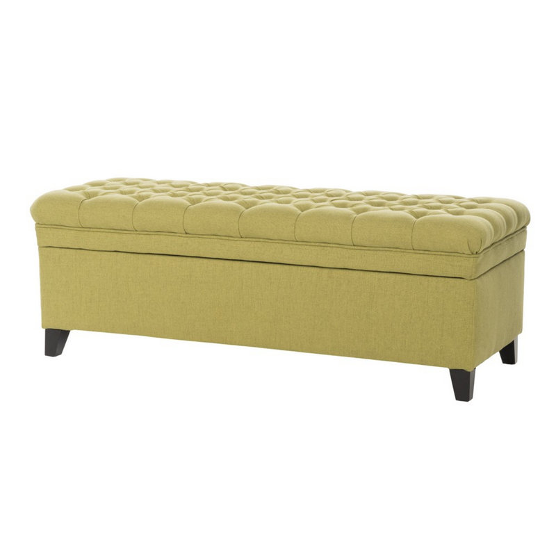 Banc de rangement avec repose-pieds Rhya, tissu vert doux, bois noir, 50 po, Vert