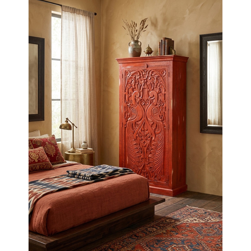 Armoire Cameren rouge antique en bois massif sculpté à la main, à deux portes, motif paon, Rouge