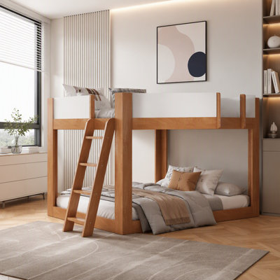 Low Bunk Bed, Wooden Convertible Bunk Bed with Reversible Ladder and Safety Guardrails