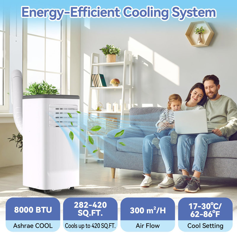Climatiseur portatif, déshumidificateur 3-en-1 à courant alternatif de 8 000 BTU, ventilateur de 350 pieds carrés, mode veille silencieuse, télécommande et fenêtre pour bureau de chambre à coucher, gris