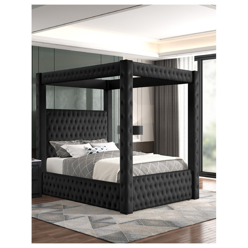 Luxury Velvet Canopy Bed with Button Tufting