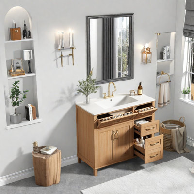 Meuble-lavabo moderne en bois naturel avec lavabo en céramique, rangement spacieux