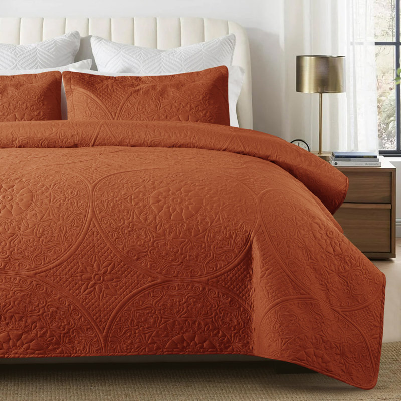 Couvre-lit matelassé toutes saisons à motif floral, Twin Bedspread + 1 Standard Pillowcase, Orange