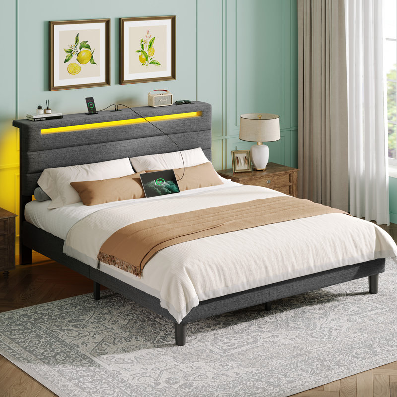Platform Bed with Upholstered Headboard ,Bed Frame with LED lights and Charging Station, Queen, Gray