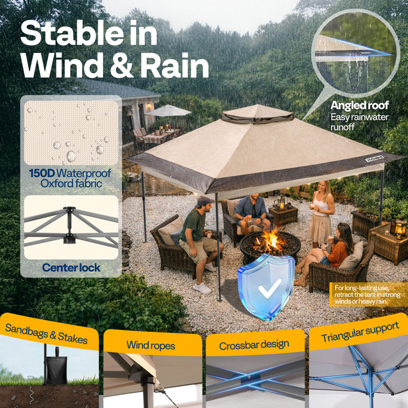Double Tiered Roof Outdoor Portable Pop Up Canopy Tent with with Wheel Carry Bag, Beige, 10 ft. x 10 ft.