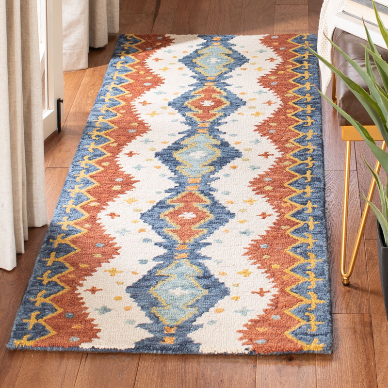 Tapis bleu / ivoire en laine touffeté à la main Deyoung, Tapis de couloir 2 pi 3 po x 11 pi