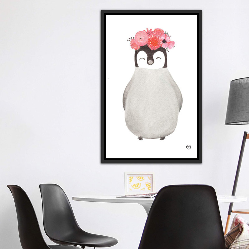 Art pingouin, H 60 po x l 40po x P 1,5 po, Toile avec cadre noir patiné
