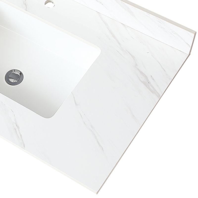 Dessus de meuble-lavabo de 37 po en pierre frittée blanche avec dosseret de 4 po et trou de robinet de comptoir rectangulaire encastré